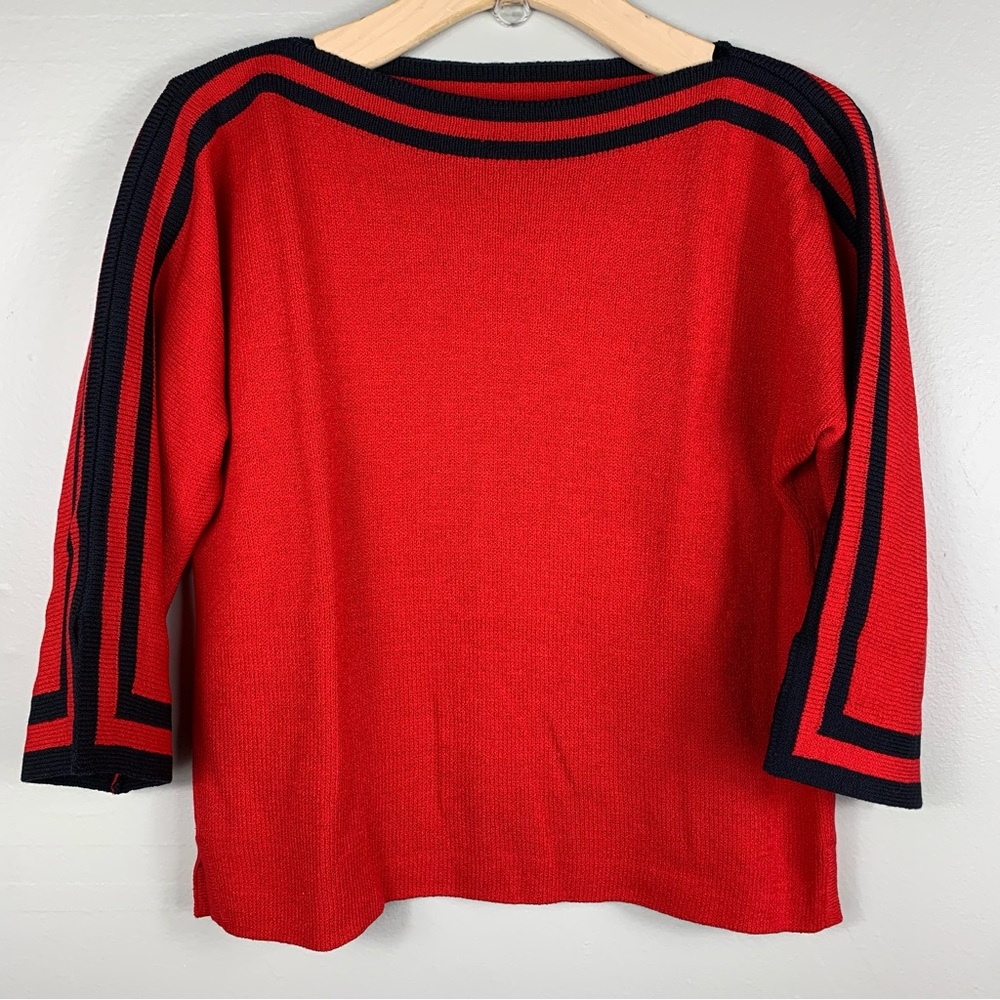 St. John | Red and Black Knit Sweater | Size 2 | Wool and Rayon